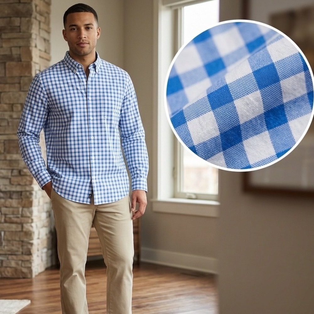 Chaps Performance Mens XXL Blue White Gingham Plaid Nylon Stretch Button Shirt